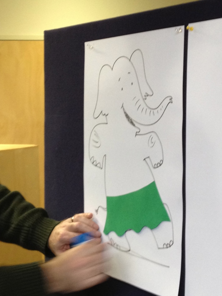 Andrew Joyner, my travel companion and illustrator of 'The Terrible Plop', shows students how to use collage to dress an elephant
